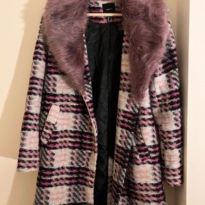 Pink tartan coat with purple faux fur collar